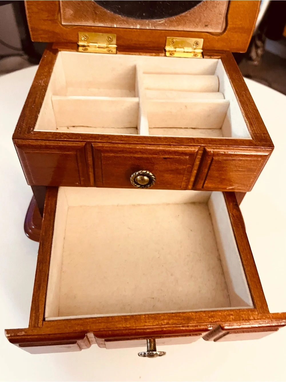 Vintage Jewelry Box with Floral Mirror - Brown